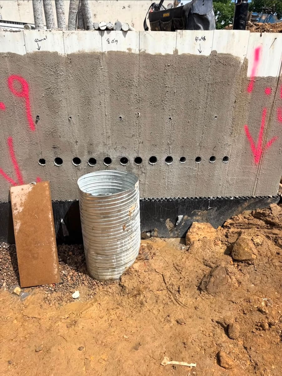 A row of core drilled penetrations through a concrete retaining wall for drainage